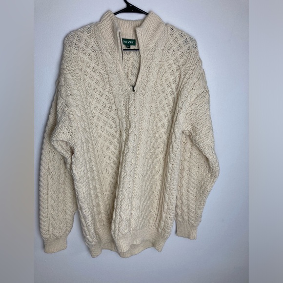 Orvis Fisherman Sweater Mens L Ivory 100% Wool Cable Chunky Knit Made in Ireland - Picture 1 of 12